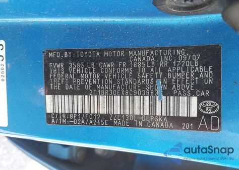 2008 Toyota Corolla Ce/Le/S z USA, uszkodzony, nr VIN 2T1BR30EX8C903883